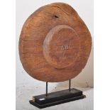 ANTIQUE CARVED WOODEN RUSTIC CART WHEEL DISPLAYED ON STAND