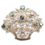 ANTIQUE SILVER DIAMOND & GEMSTONE FLORAL BROOCH