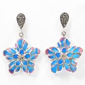 SILVER PLIQUE A JOUR ENAMELLED FLOWER EARRINGS