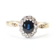 HALLMARKED 9CT GOLD DIAMOND & BLUE STONE HALO RING