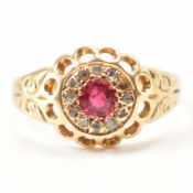 HALLMARKED 18CT GOLD DIAMOND & RED STONE HALO RING