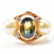 VINTAGE GOLD GREEN STONE & PEARL DRESS RING