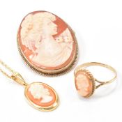 HALLMARKED 9CT GOLD CAMEO BROOCH & RING SUITE