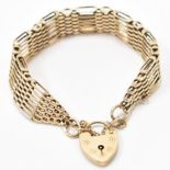 HALLMARKED 9CT GOLD BAR GATE HEART PADLOCK BRACELET