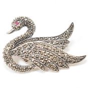 SILVER RED STONE & MARCASITE SWAN BROOCH