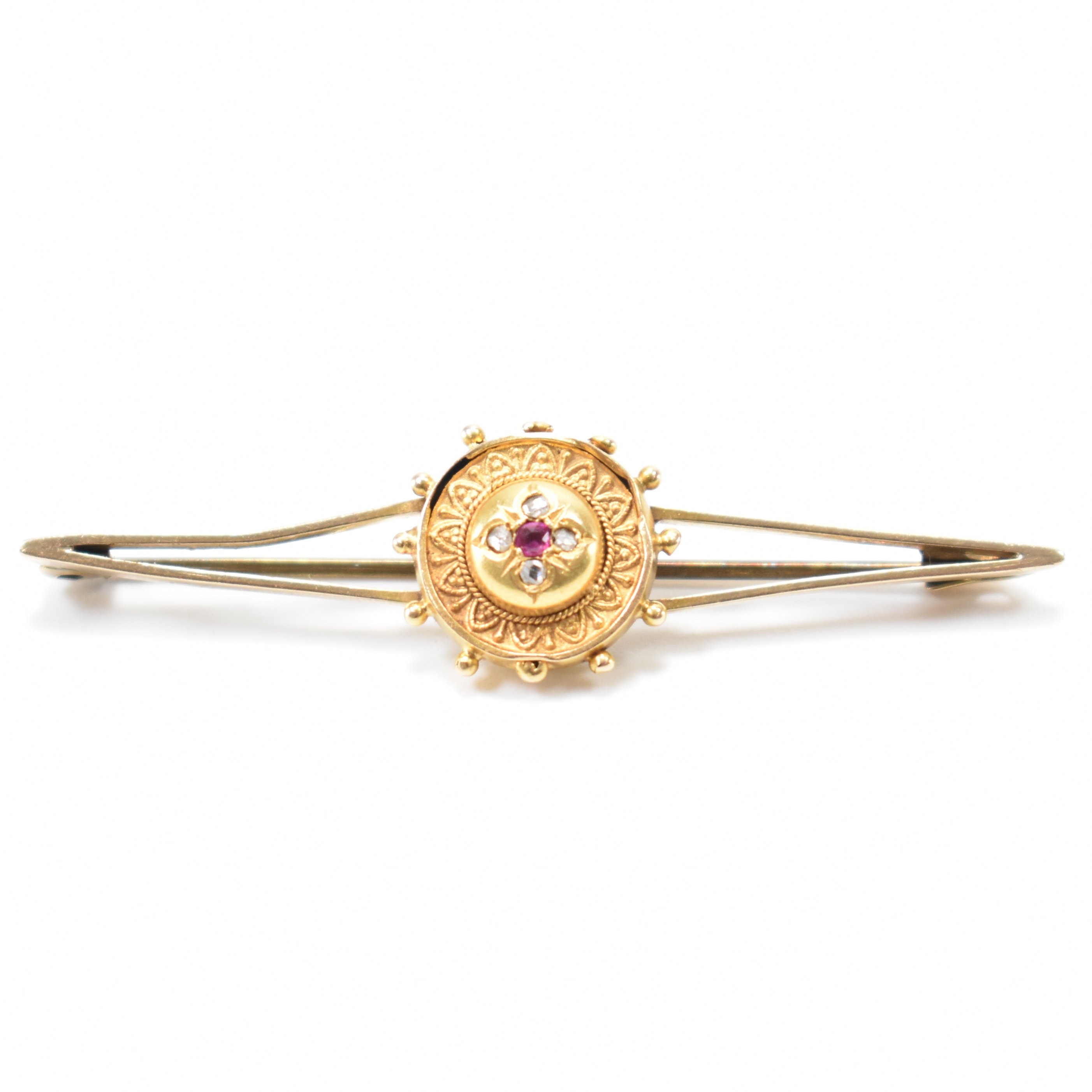 VINTAGE 9CT GOLD DIAMOND & RUBY BAR BROOCH