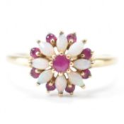 HALLMARKED 9CT GOLD RUBY & OPAL FLOWER RING