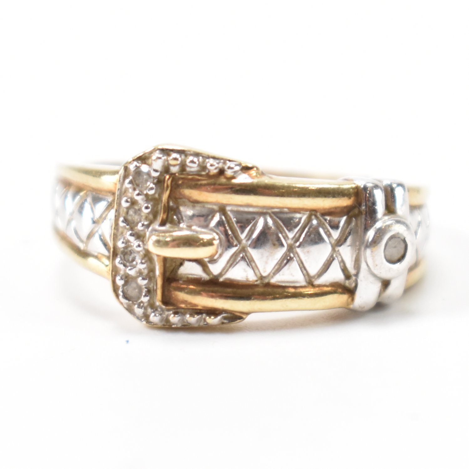 VINTAGE 9CT TWO TONE GOLD & DIAMOND BUCKLE RING
