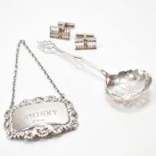 GROUP OF SILVER - WHISKY LABEL - CADDY SPOON & CUFFLINKS