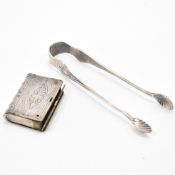 PAIR OF SILVER HALLMARKED SUGAR TONGS & VICTORIAN VESTA