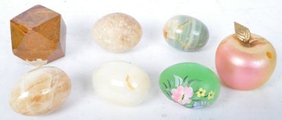 A COLLECTION OF HARD STONE CARVED EGGS & APPLE
