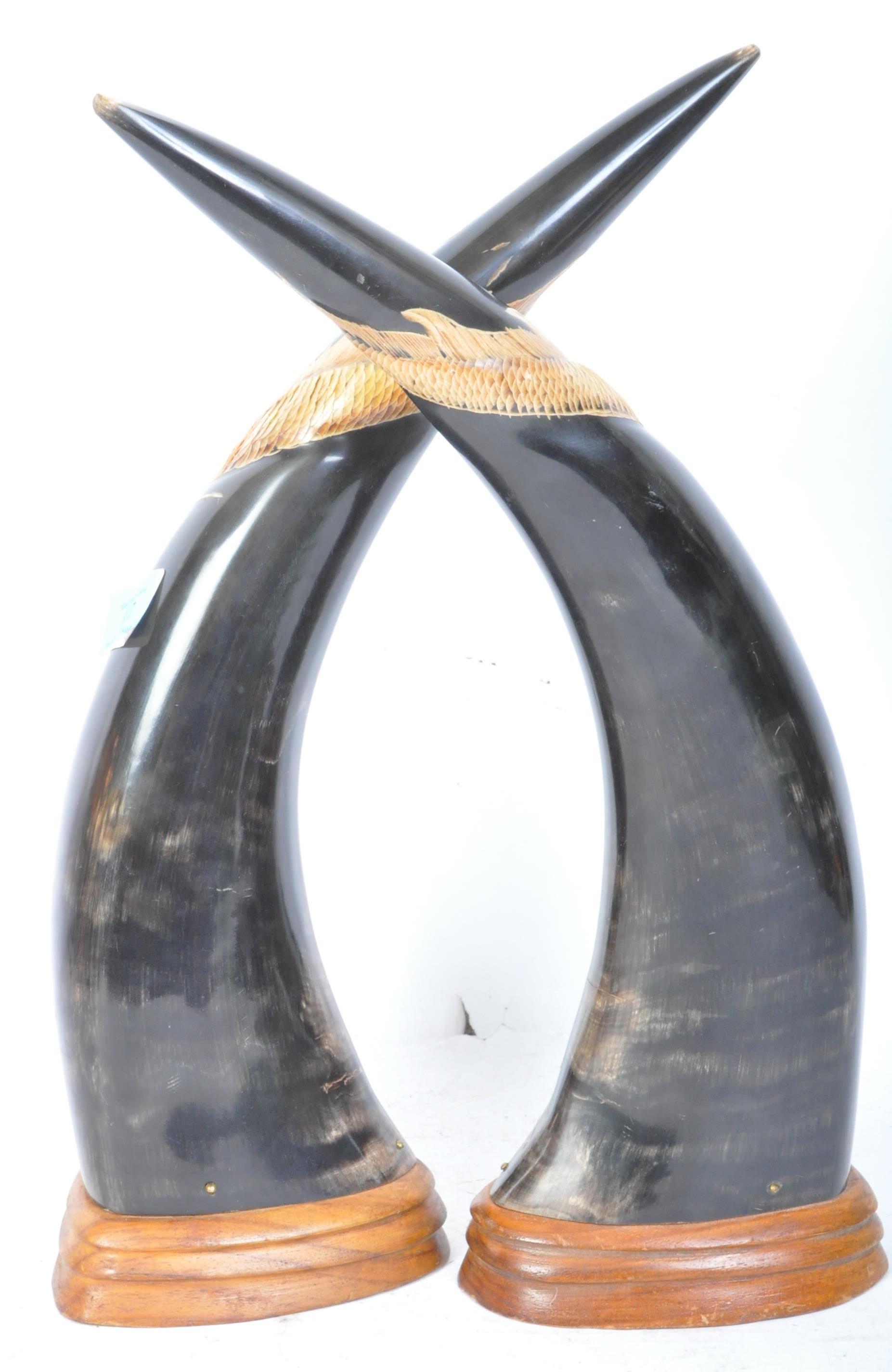 PAIR OF VINTAGE EBONISED & HAND PAINTED FAUX BUFFALO HORNS - Image 6 of 6