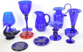 COLLECTION OF BRISTOL BLUE GLASS - VASES, PAPERWEIGHTS ETC