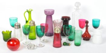 COLLECTION OF MID CENTURY COLOURED GLASS - VASES - DECANTERS