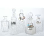 COLLECTION OF FIVE VINTAGE 20TH CENTURY GLASS DECANTERS