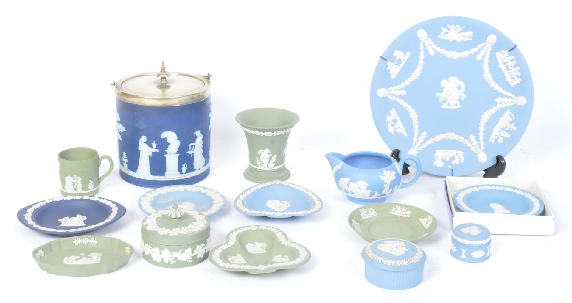 COLLECTION OF VINTAGE BLUE & SEA GREEN WEDGWOOD JASPERWARE