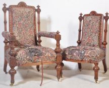 A PAIR OF VICTORIAN HAND CARVED WALNUT CHAIRS