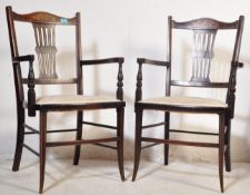 A PAIR OF EDWARDIAN INLAID DINING / HALL CHAIRS