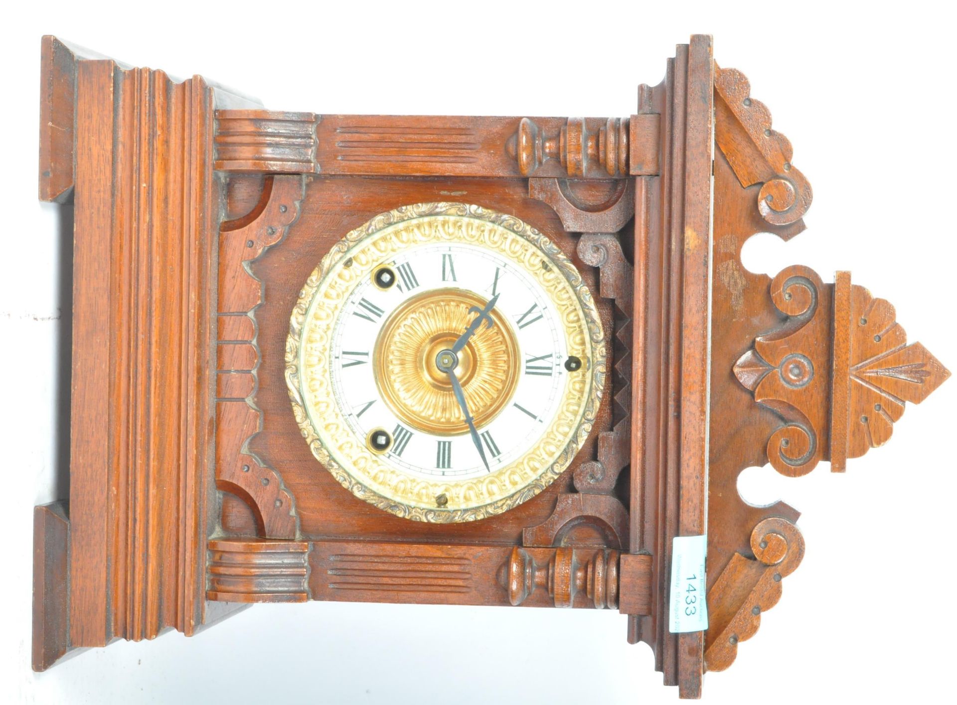EARLY 20TH CENTURY AMERICAN ANSONIA STAINED WOOD MANTEL CLOCK - Bild 5 aus 8
