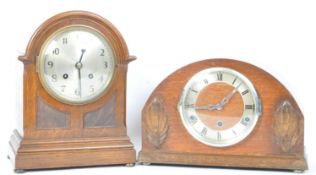 TWO VINTAGE ART DECO ERA OAK MANTEL CLOCKS