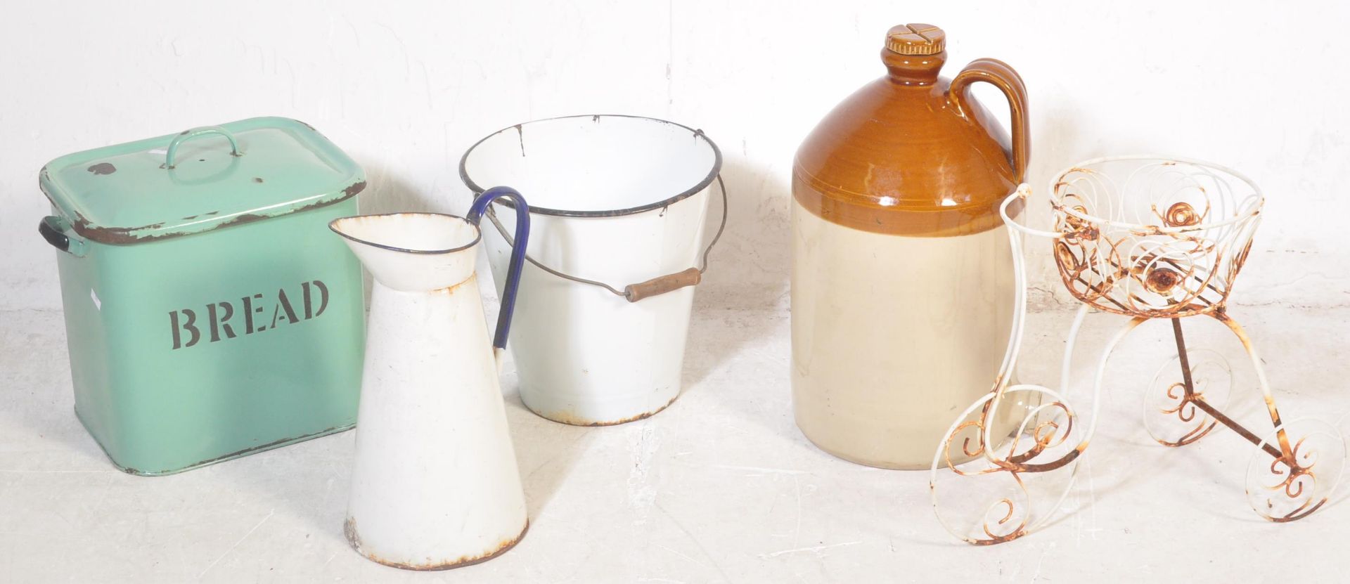 ENAMEL BREAD BIN, JUG & PAIL, A FLAGON AND PLANTER