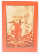 VINTAGE 20TH CENTURY BATIK RED FABRIC FRAMED PICTURE