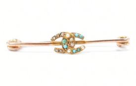 ANTIQUE 9CT GOLD TURQUOISE & PEARL BAR BROOCH PIN
