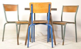 MID CENTURY PANEL WOOD CHAIRS AND INDUSTRIAL TABLE