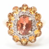 HALLMARKED 9CT GOLD DIAMOND & ORANGE STONE RING