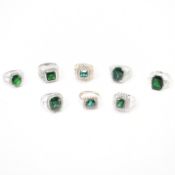 GROUP OF 925 SILVER GREEN STONE SET RINGS