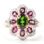 HALLMARKED 9CT GOLD DIAMOND & COLOURED STONE SET FLOWER RING