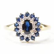 HALLMARKED 9CT GOLD DIAMOND & BLUE STONE CLUSTER RING