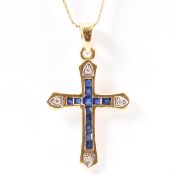 HALLMARKED 18CT GOLD DIAMOND & SAPPHIRE CRUCIFIX PENDANT & CHAIN NECKLACE