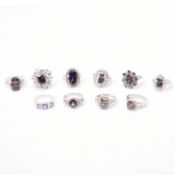 GROUP OF 925 SILVER PURPLE & WHITE STONE SET RINGS