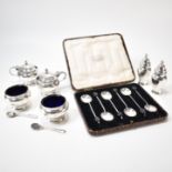 MAPPIN & WEBB SILVER CRUET SET & COFFEE BEAN SPOONS