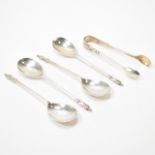 SET OF FOUR EDWARDIAN SILVER APOSTLE SPOONS & TONGS