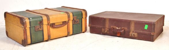 TWO RETRO VINTAGE LEATHER & CANVASE STEAMER TRUNKS / SUITCASES