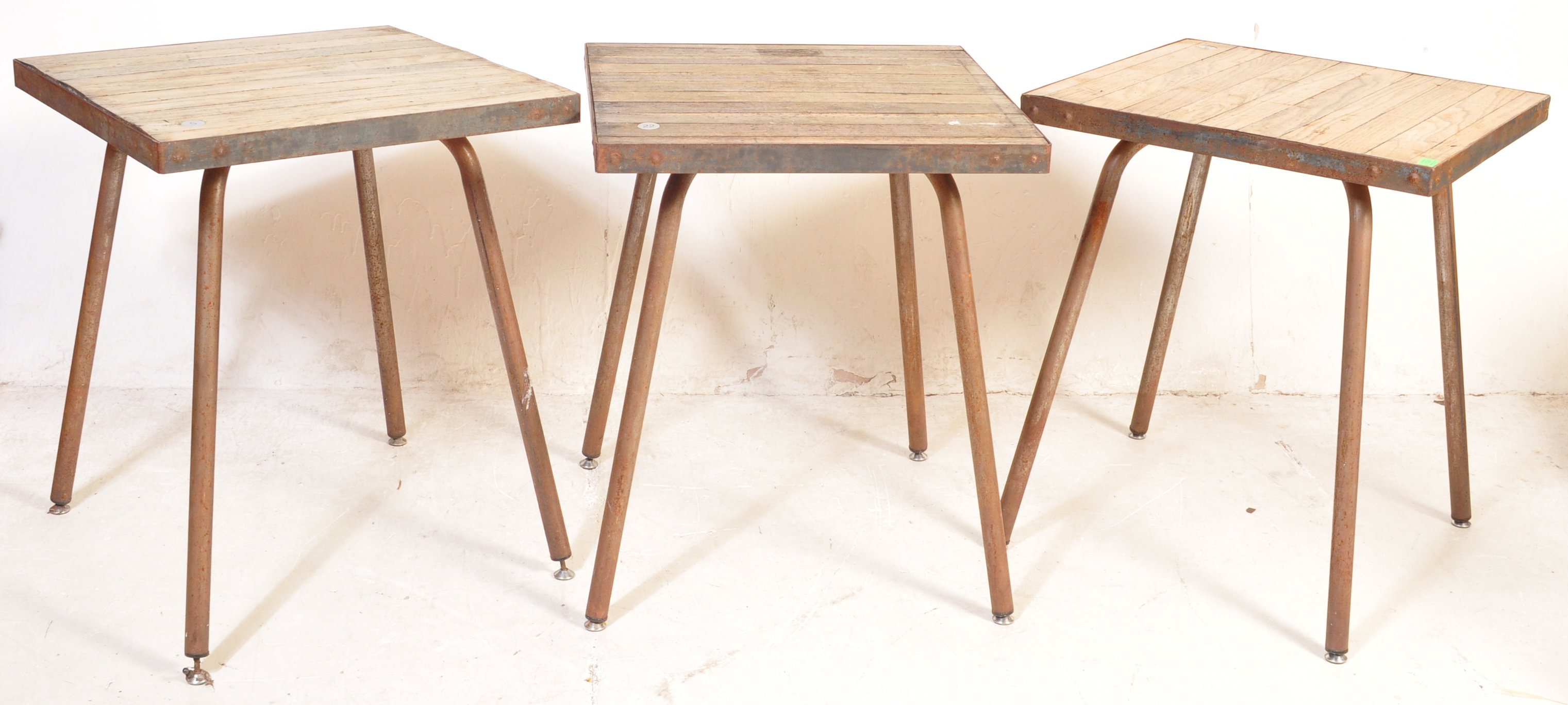 THREE MID CENTURY OAK TOPPED CAFE TABLES - Image 2 of 5