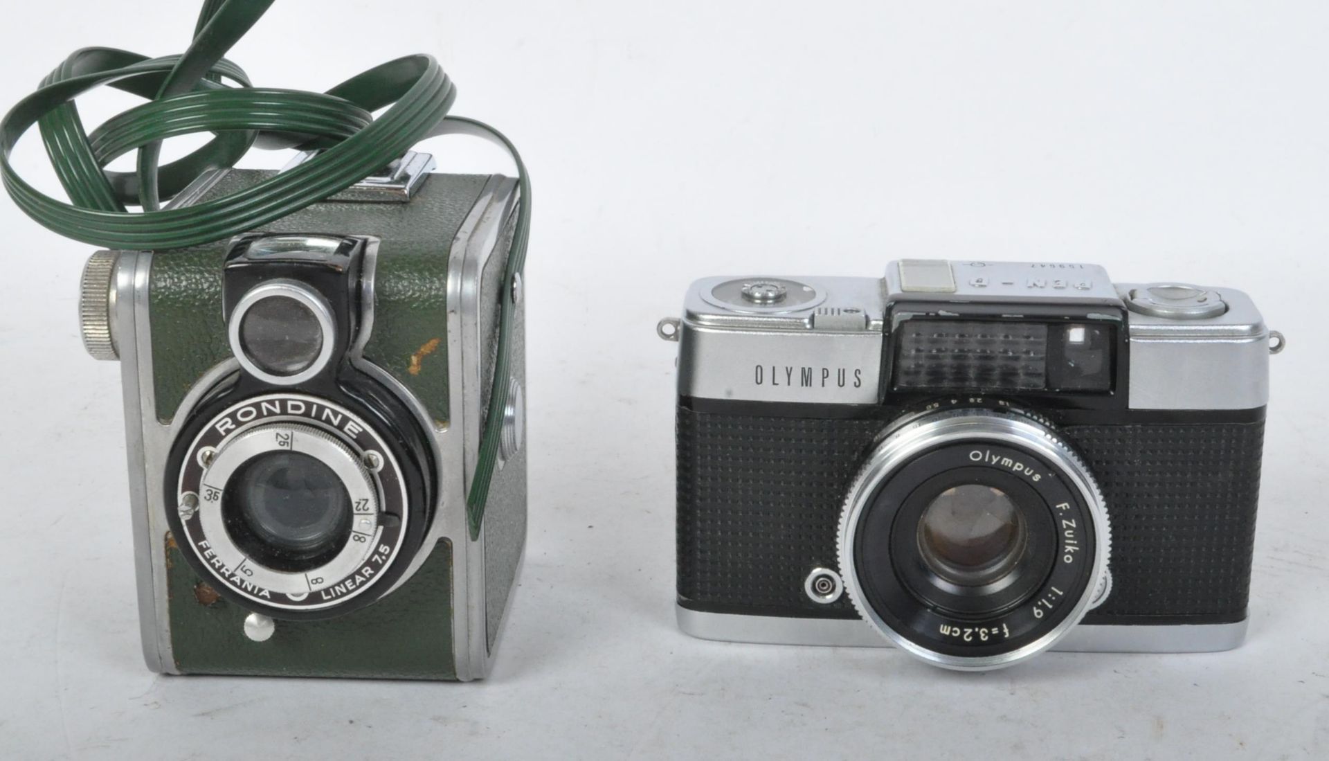 VINTAGE OLYMPUS PEN-D CAMERA WITH RONDINE BOX CAMERA