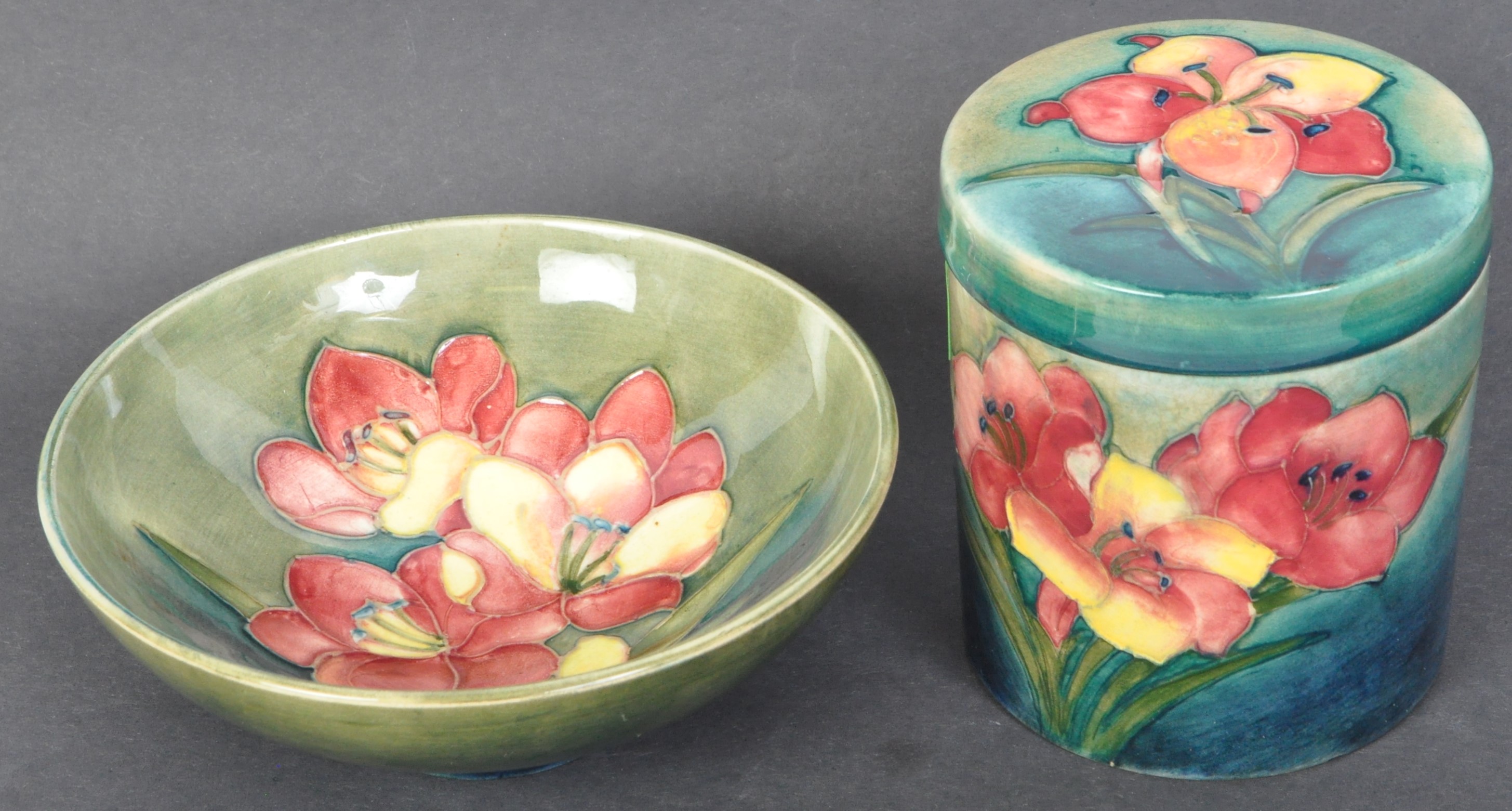 TWO VINTAGE MOORCROFT "HIBISCUS" PATTERN LIDDED POT & DISH