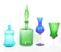ASSORTMENT OF RETRO VINTAGE BLUE & GREEN EMPOLI STYLE CUT GLASS