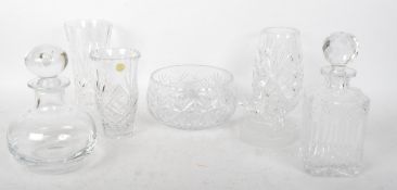 COLLECTION OF VINTAGE CUT GLASS - VASES, BOWL, DECANTERS