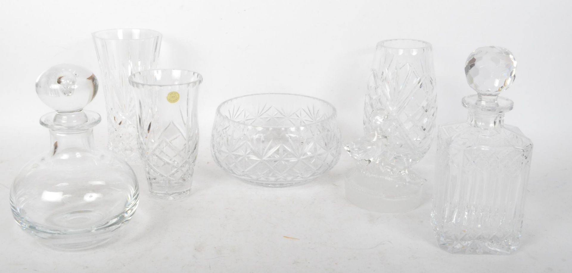 COLLECTION OF VINTAGE CUT GLASS - VASES, BOWL, DECANTERS