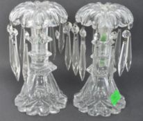 A PAIR OF GLASS LUSTRES / CANDLE STICK HOLDERS