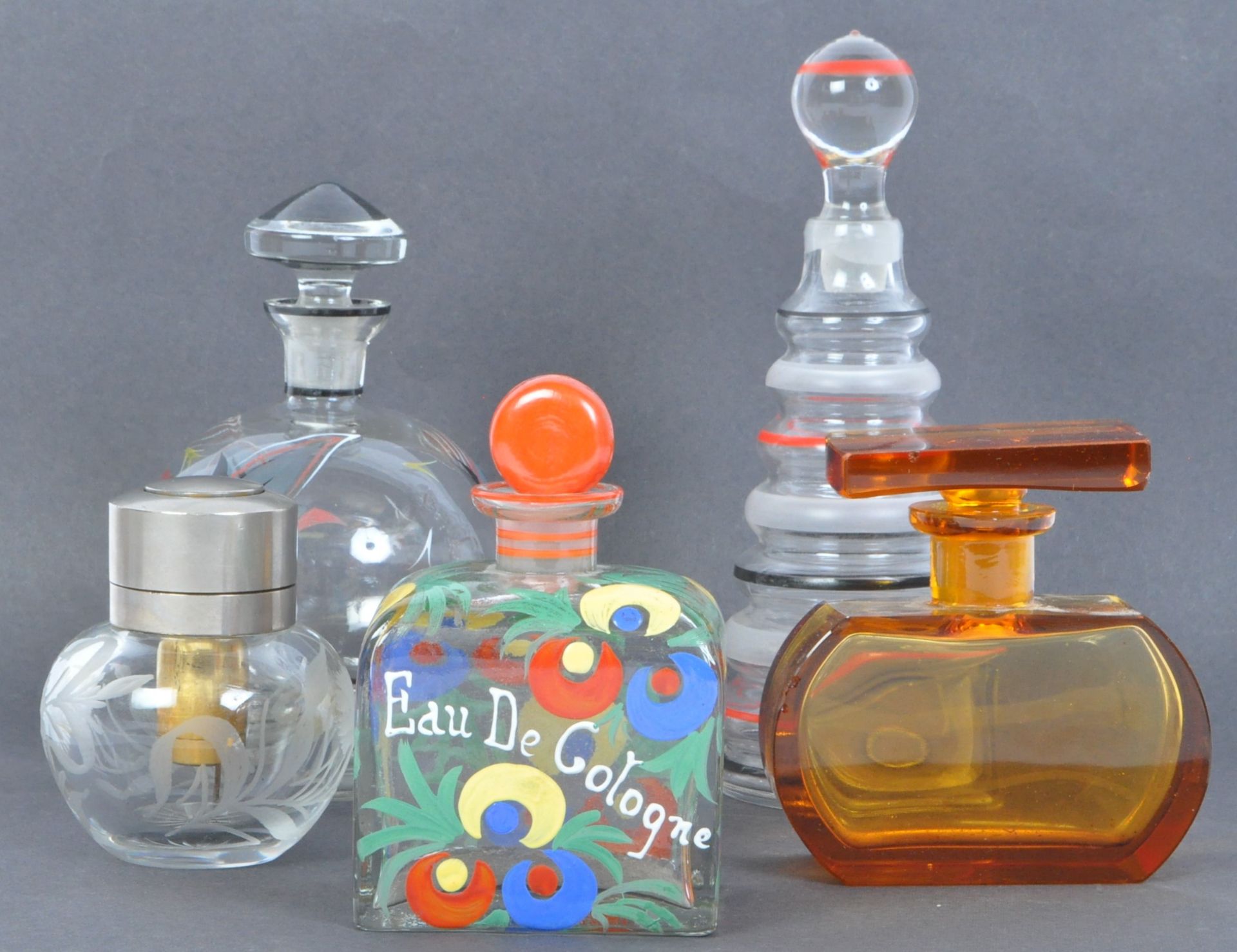 FIVE ART DECO CONTINENTAL & ENGLISH GLASS PERFUME BOTTLES