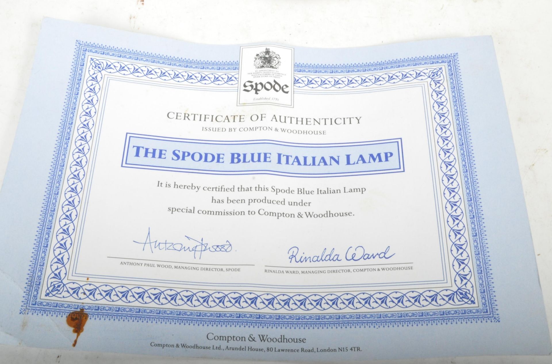 VINTAGE CERAMIC SPODE ITALIAN BLUE LAMP - WITH CERTIFICATE - Image 4 of 4