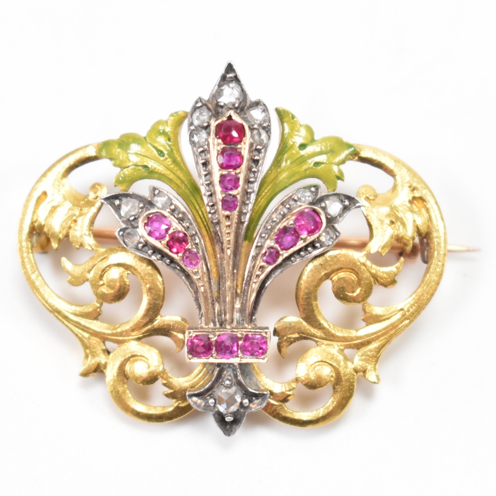 FRENCH ART NOUVEAU RUBY & DIAMOND BROOCH PIN