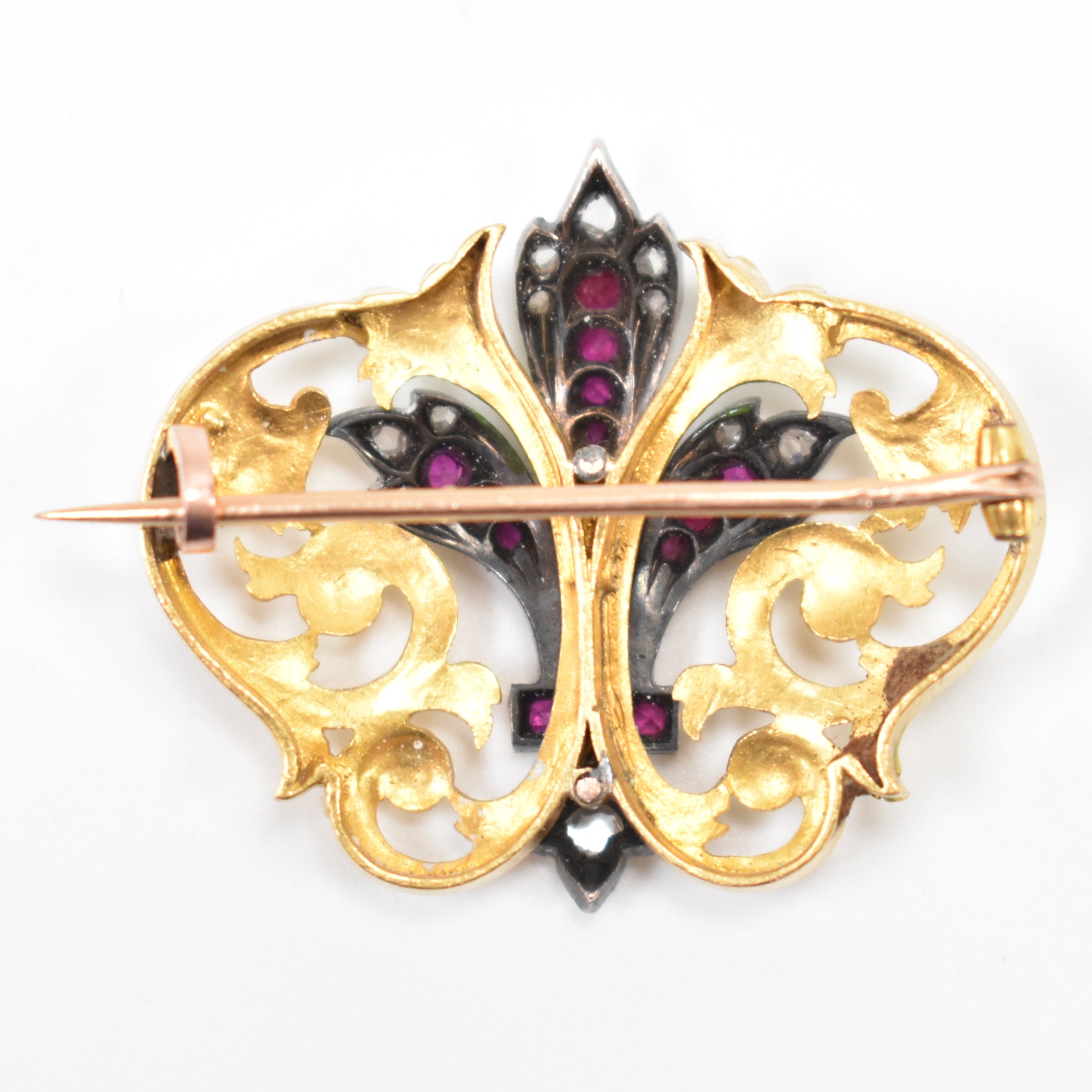 FRENCH ART NOUVEAU RUBY & DIAMOND BROOCH PIN - Image 2 of 5