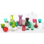 COLLECTION OF MID CENTURY COLOURED GLASS - VASES - DECANTERS