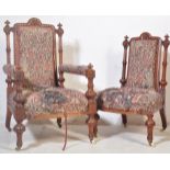 A PAIR OF VICTORIAN HAND CARVED WALNUT CHAIRS